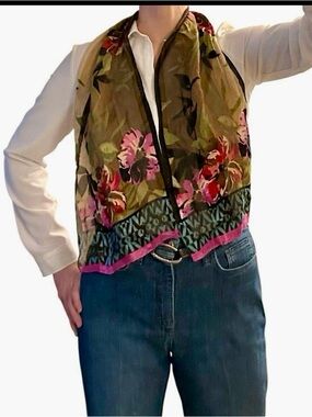Vintage Floral Geometric Scarf Pink Olive Blue and Blue Colorblock Hem
